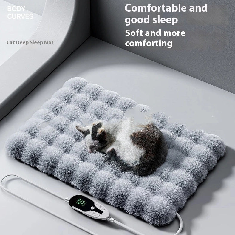 Gray pet electric blanket with intelligent temperature control for cats and dogs showing four size options
