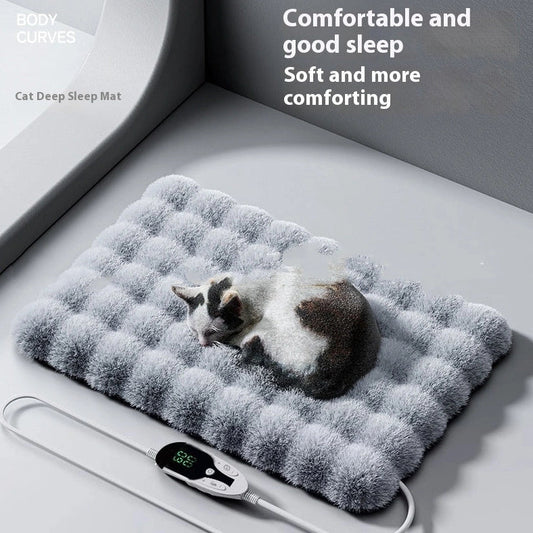 Gray pet electric blanket with intelligent temperature control for cats and dogs showing four size options