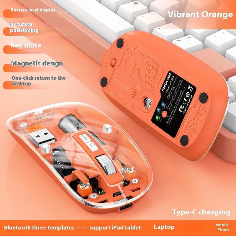 Transparent wireless computer mouse showing internal components with USB connection