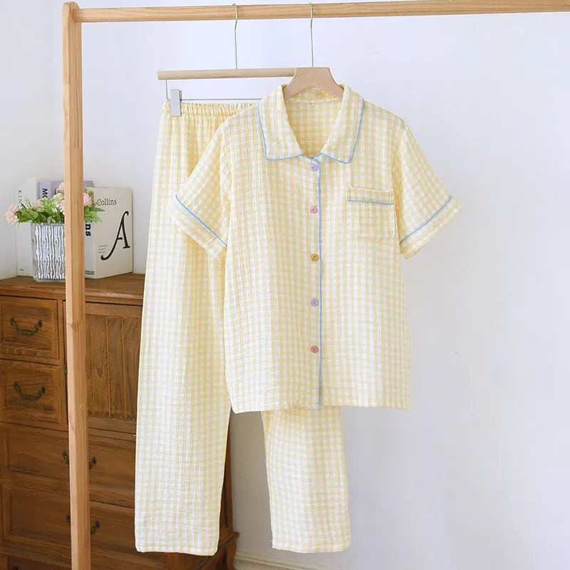 Women's washed cotton double-layer gauze short-sleeved trousers set in flower sea or yellow plaid pattern.