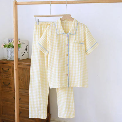 Women's washed cotton double-layer gauze short-sleeved trousers set in flower sea or yellow plaid pattern.