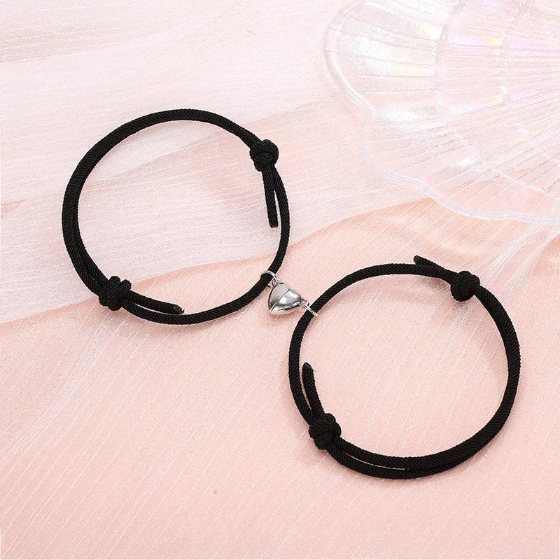 Fashionable magnetic couple bracelets with heart-shaped charms in various color options