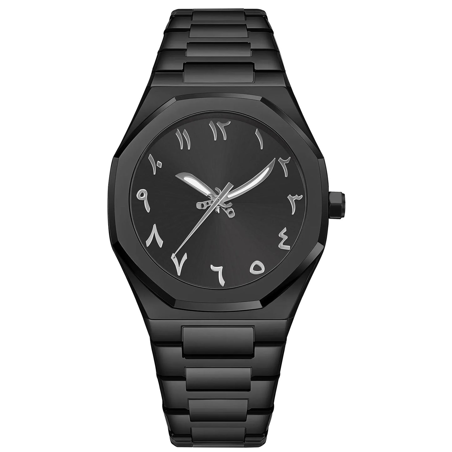 Men's business casual steel belt quartz watch showing 10mm profile and black silver colour option.