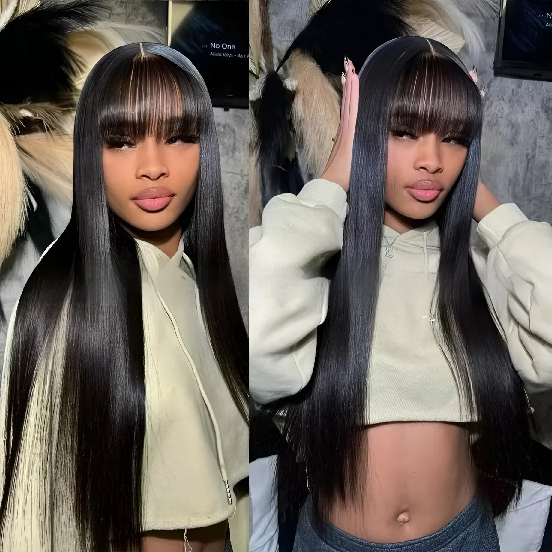 Natural colour human hair wig with straight fringe on full-mechanism headgear, displayed at medium length.