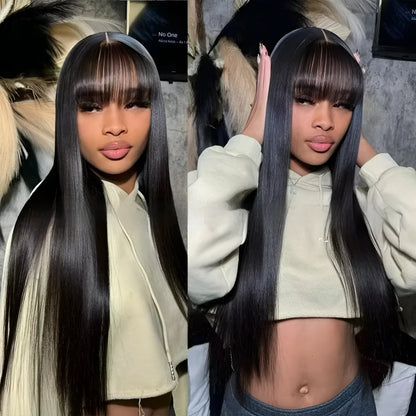 Natural colour human hair wig with straight fringe on full-mechanism headgear, displayed at medium length.