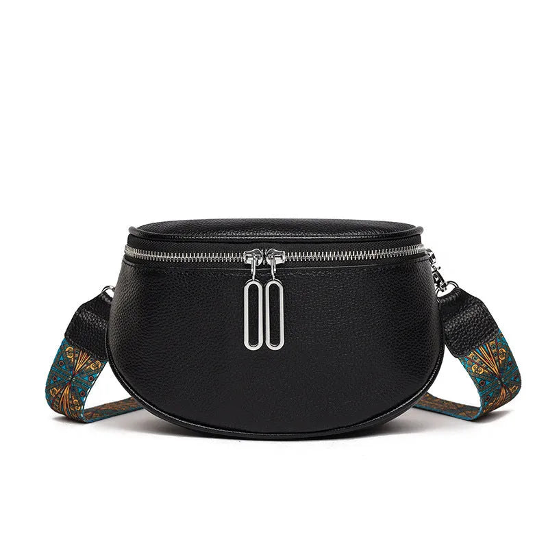 Women's soft PU leather messenger bag in saddle shape with crossbody strap and zip compartment
