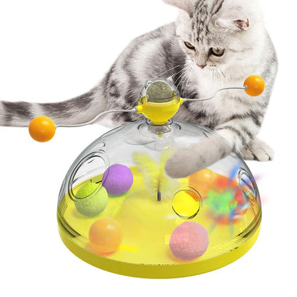 Interactive cat toy with twirling sticks and luminous catnip ball