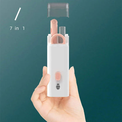 Multifunctional white cleaning pen kit open to show silicone tip, brush, keycap puller, and spray bottle for electronics.