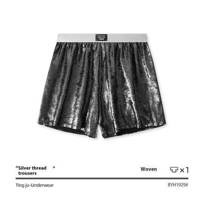 Men's reflective bright silver casual woven underwear with a loose fit and mid-waist.