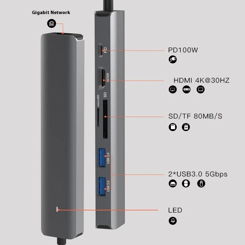 LQT-LH07 7-in-1 card reader PD computer hub with aluminium housing showing seven ports