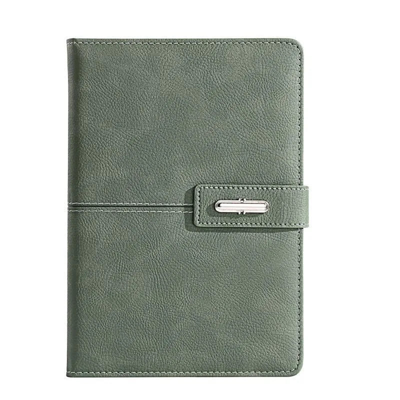 A5 notebook with imitation leather cover in a choice of colours including black, red, green, blue, and orange.