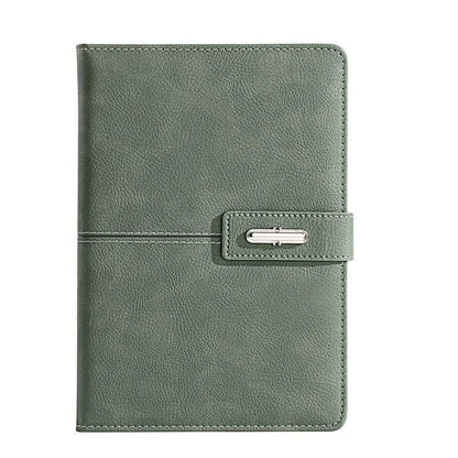 A5 notebook with imitation leather cover in a choice of colours including black, red, green, blue, and orange.