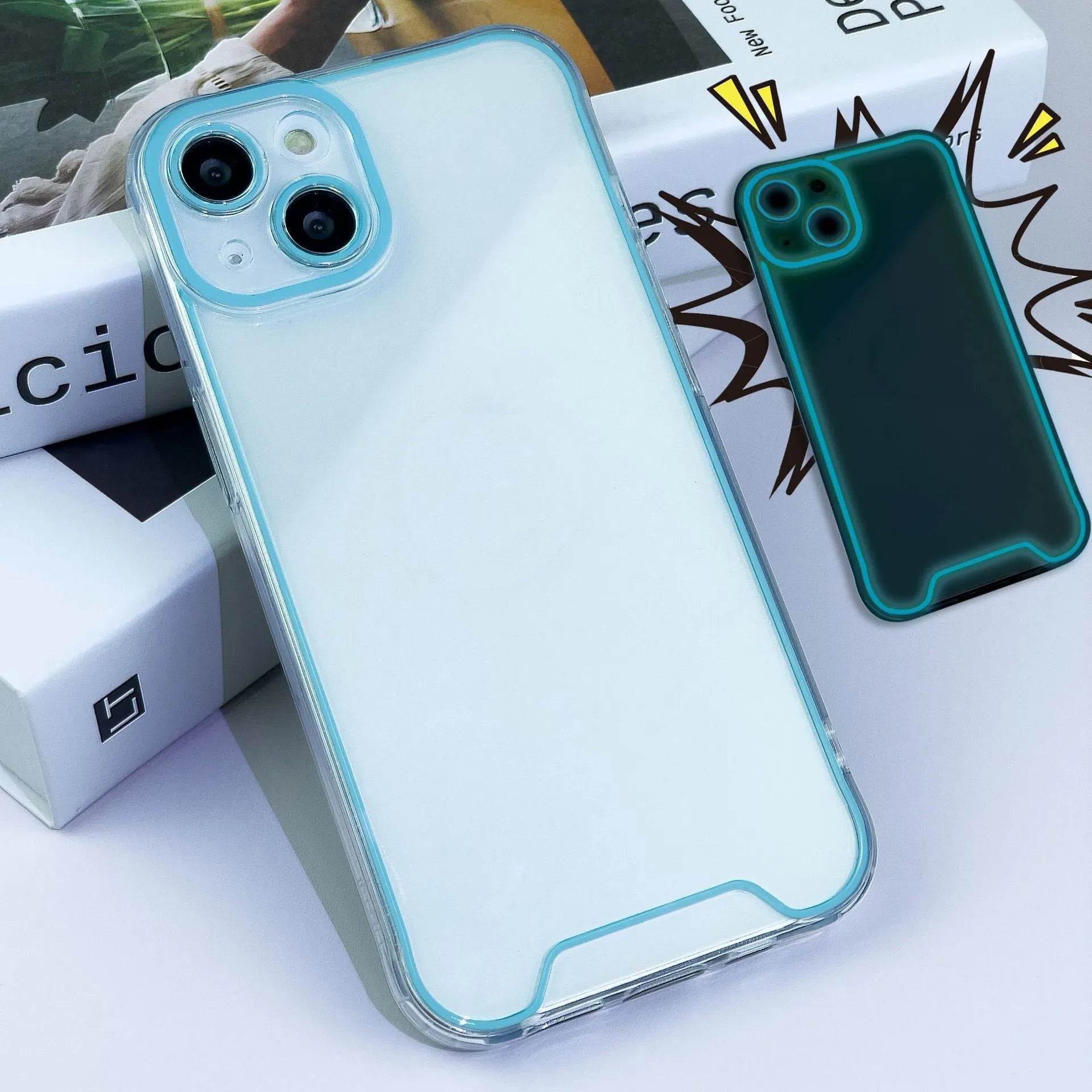 Glow-in-the-dark soft TPU iPhone case in green, orange, blue, yellow, or pink on an iPhone
