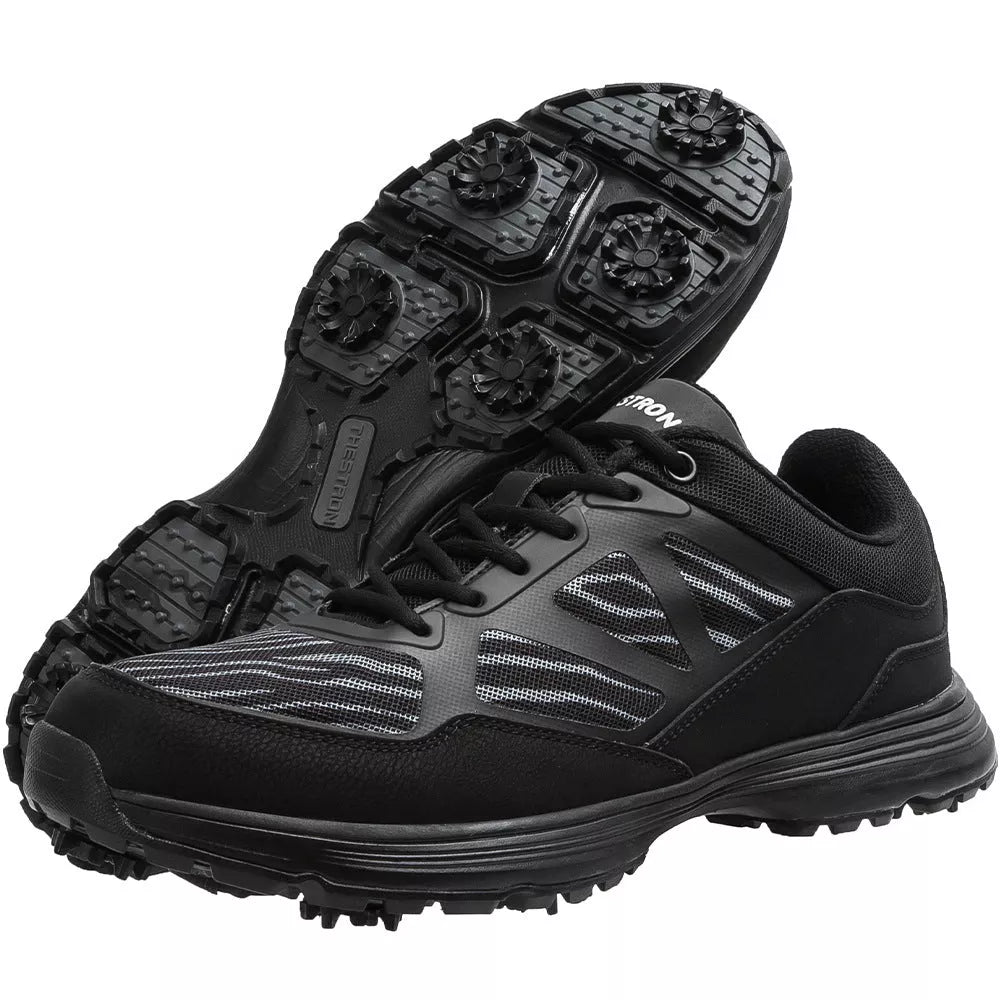 Men's waterproof golf shoes with nails for enhanced grip, available in black, blue, gray, and dark gray.
