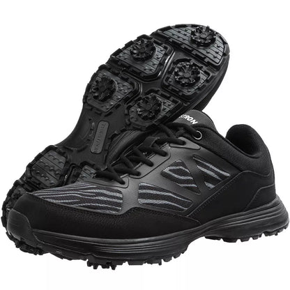 Men's waterproof golf shoes with nails for enhanced grip, available in black, blue, gray, and dark gray.