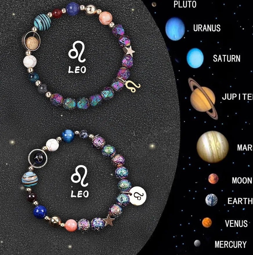 Adjustable natural stone zodiac beaded bracelet showing twelve different sign styles with 8mm beads
