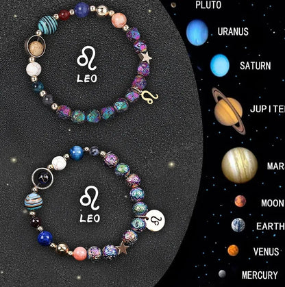 Adjustable natural stone zodiac beaded bracelet showing twelve different sign styles with 8mm beads