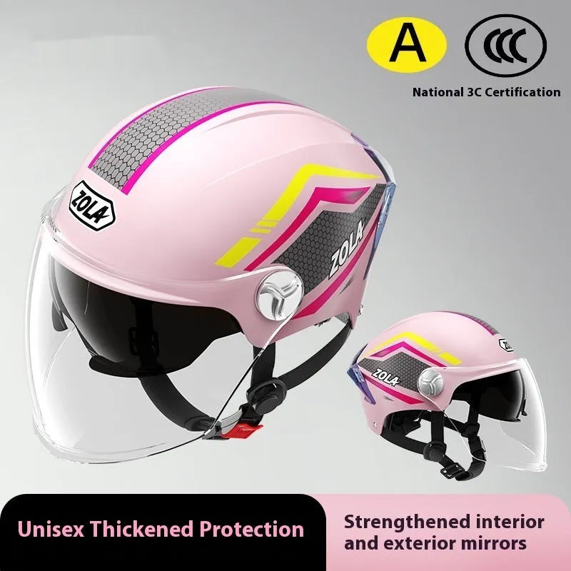 Men's and women's battery motorcycle half helmet with double mirror visor in light brown colour, 3C-certified ABS construction