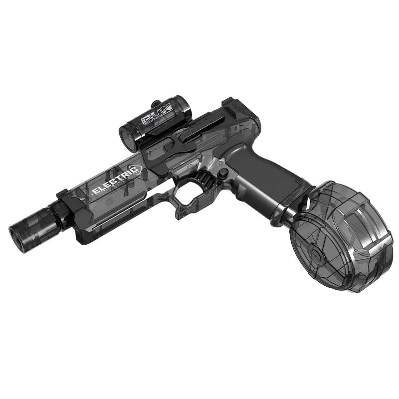 Black and blue electric water pistol toy with LED lights, shown with USB charging cable.