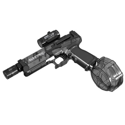 Black and blue electric water pistol toy with LED lights, shown with USB charging cable.