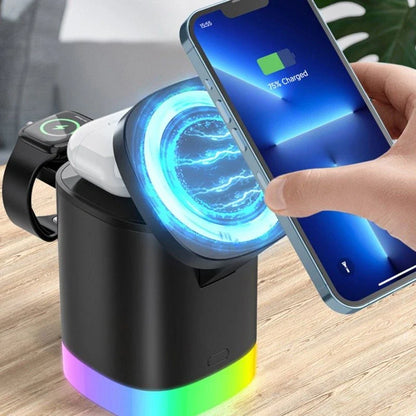 3-in-1 magnetic wireless charging station with RGB lighting for smartphones, smartwatches, and wireless earbuds