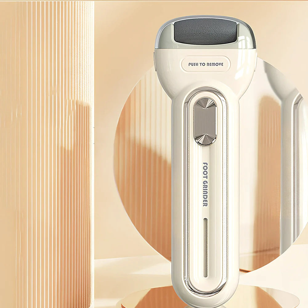 Electric foot grinder with three grinding heads in beige, green, and purple colour options