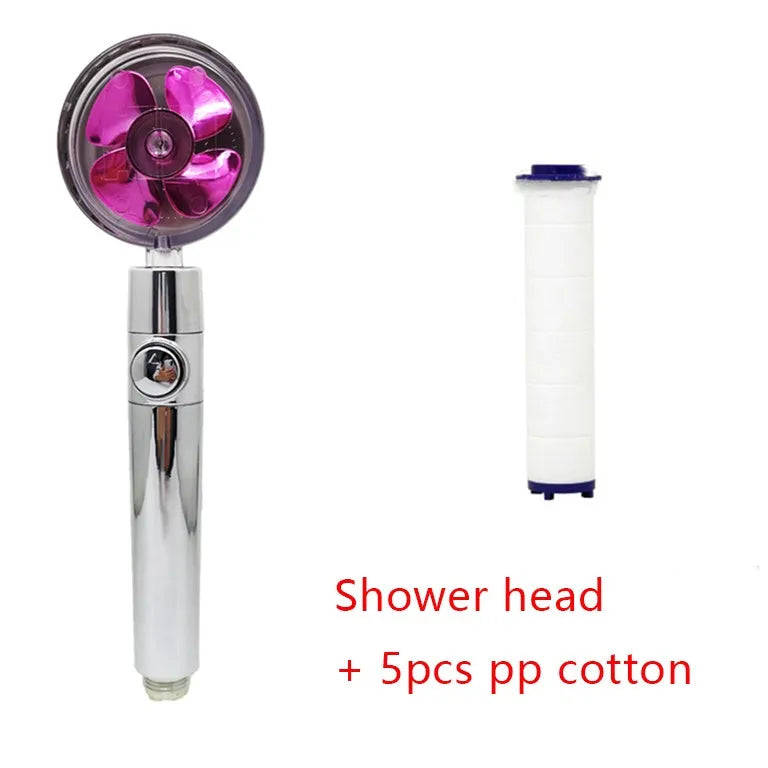 Chrome-finished ABS plastic water-saving shower head with a round, rotating spray head.
