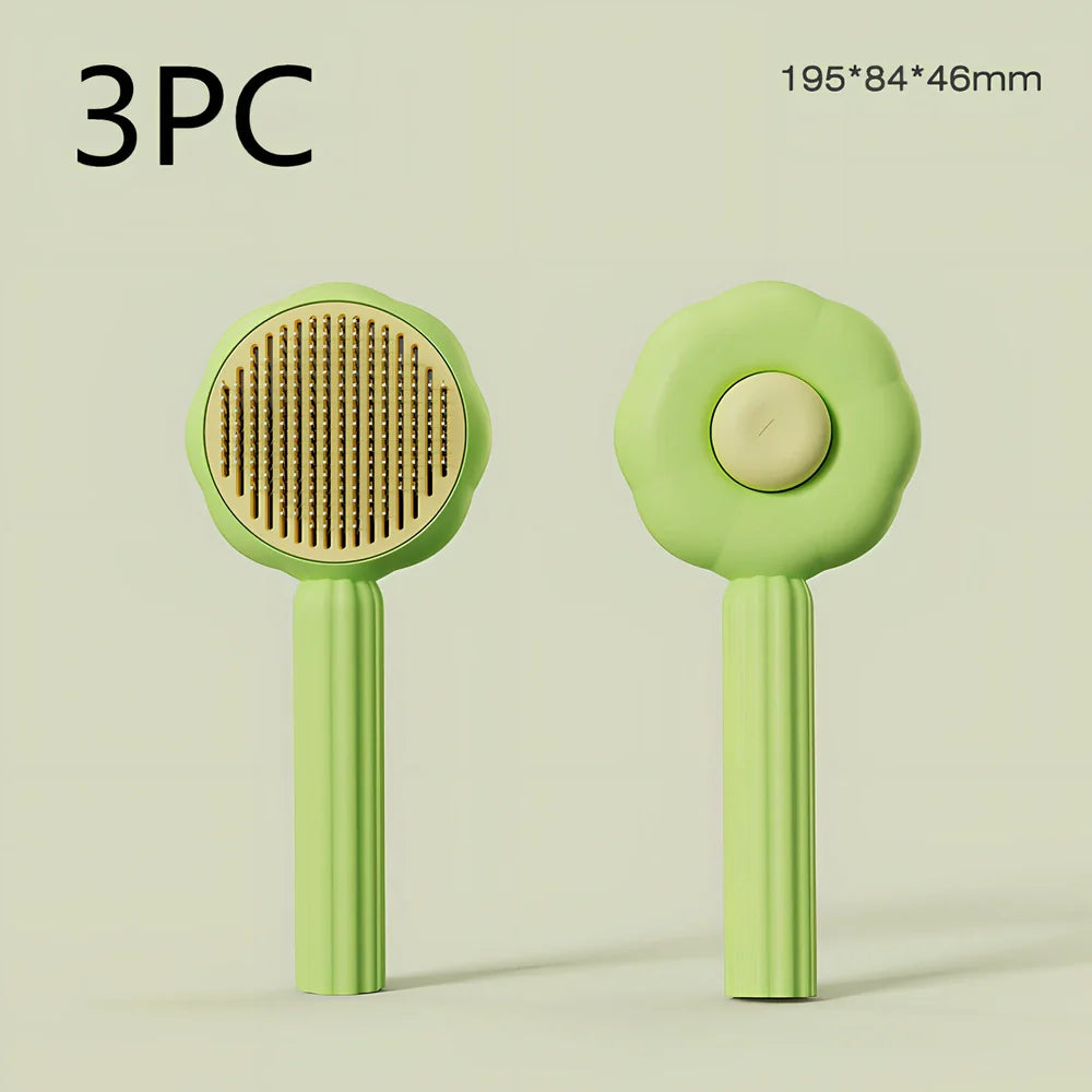 Sunflower design pet comb with stainless steel needles and one-click hair removal button