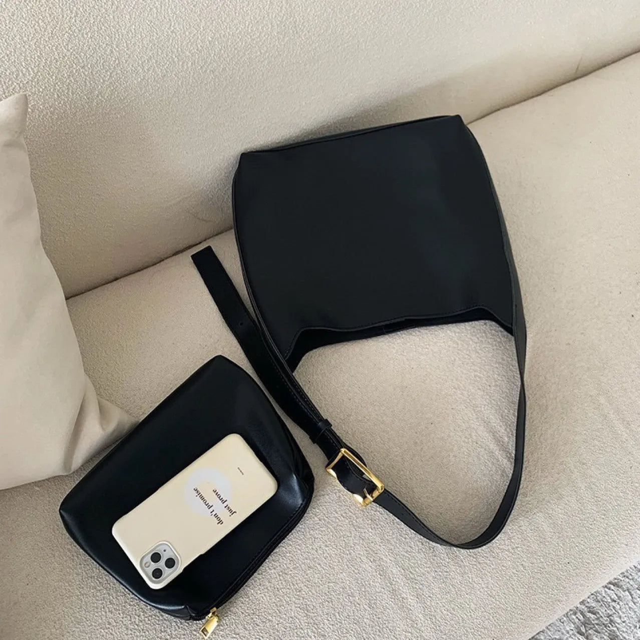 Black and brown soft PU leather women's shoulder bags with decorative swing threads