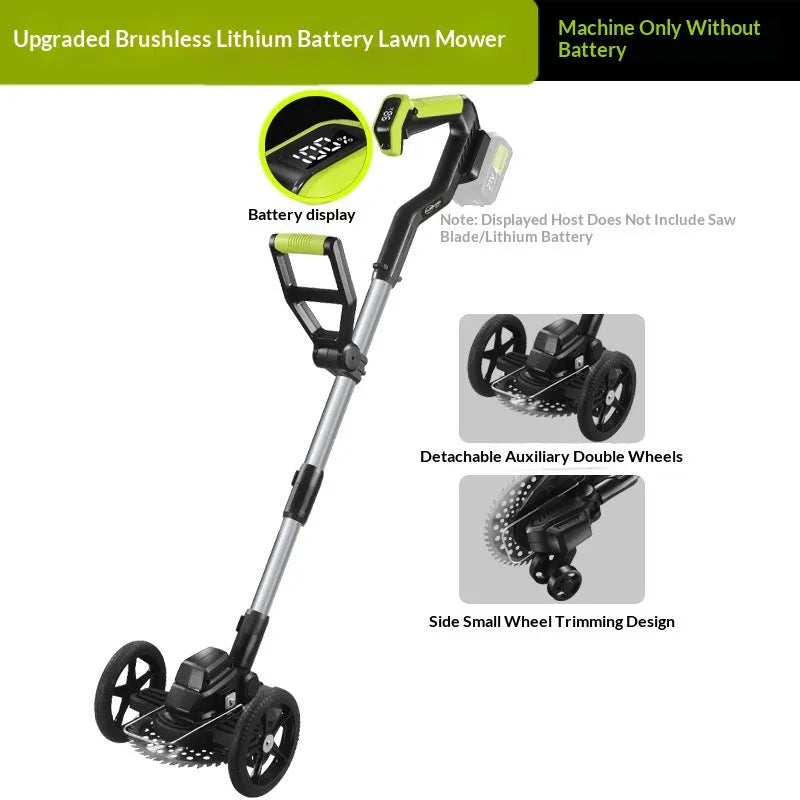 Brushless lithium electric lawn mower with steel, aluminium tube and plastic build, 500W motor and multi-wheel assistance
