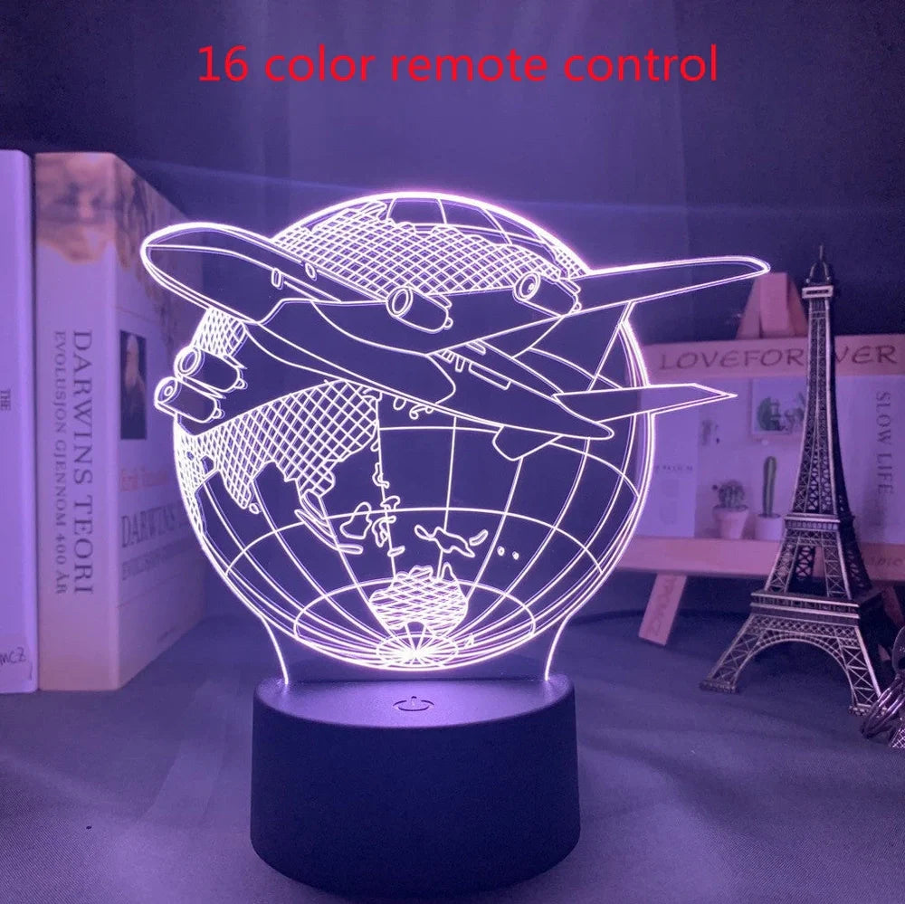 Custom 3D airplane hologram night light with optical acrylic panel and ABS base showing colour-changing illumination