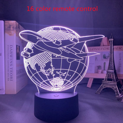 Custom 3D airplane hologram night light with optical acrylic panel and ABS base showing colour-changing illumination