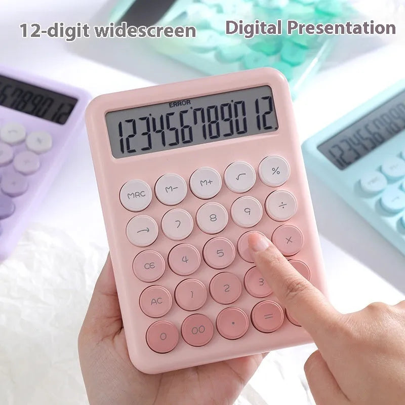 Gradient colour desk calculator with 12-digit display in violet, cherry blossom powder, glacier blue, or mint green options