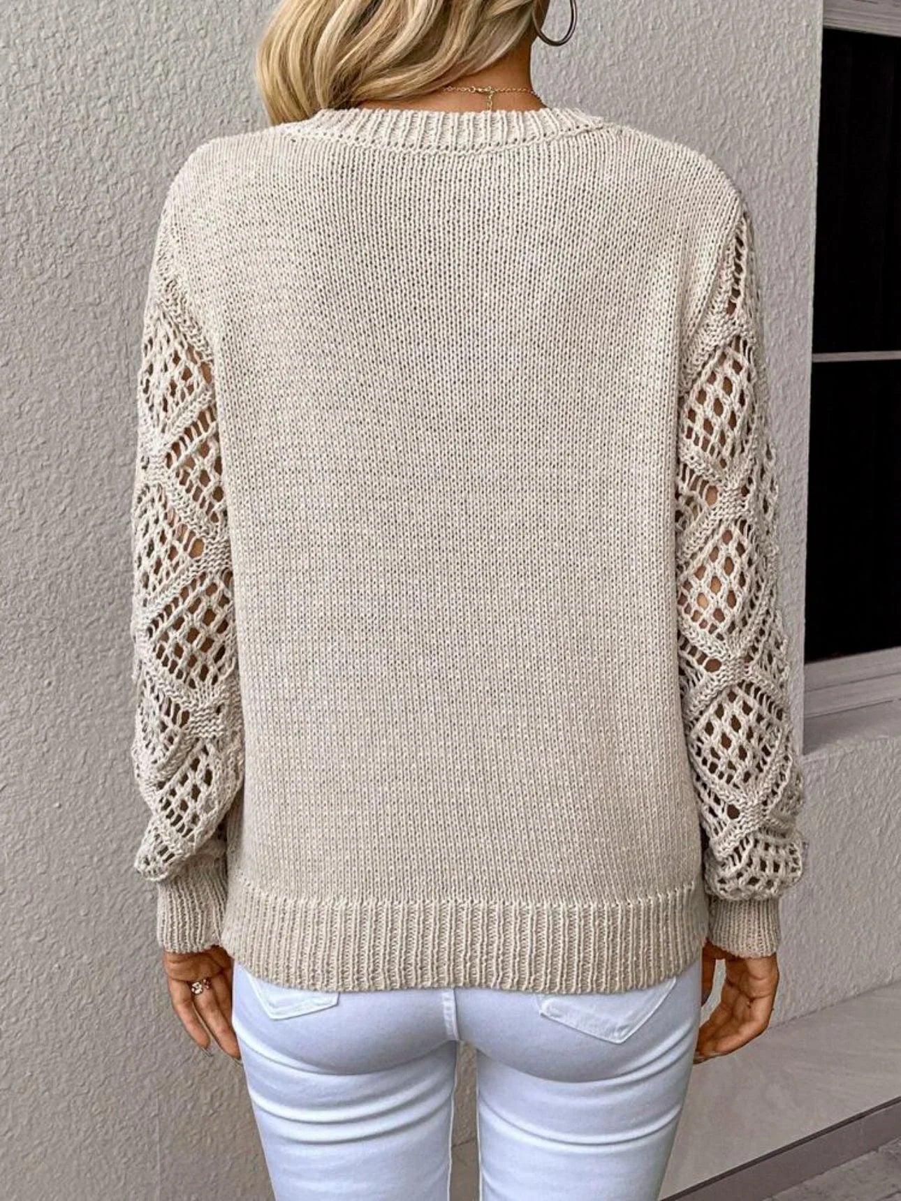 Stylish polyester fiber V-neck pullover sweater with unique hollow sleeve design, available in multiple vibrant colors