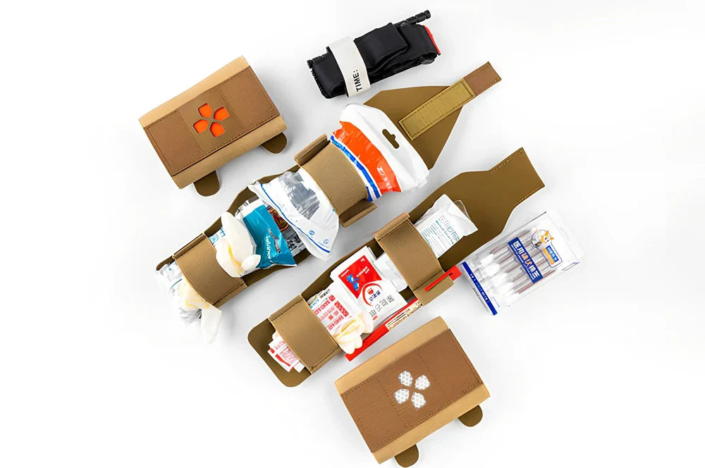 Nylon first-aid kit in camouflage pattern with organised medical supply compartments