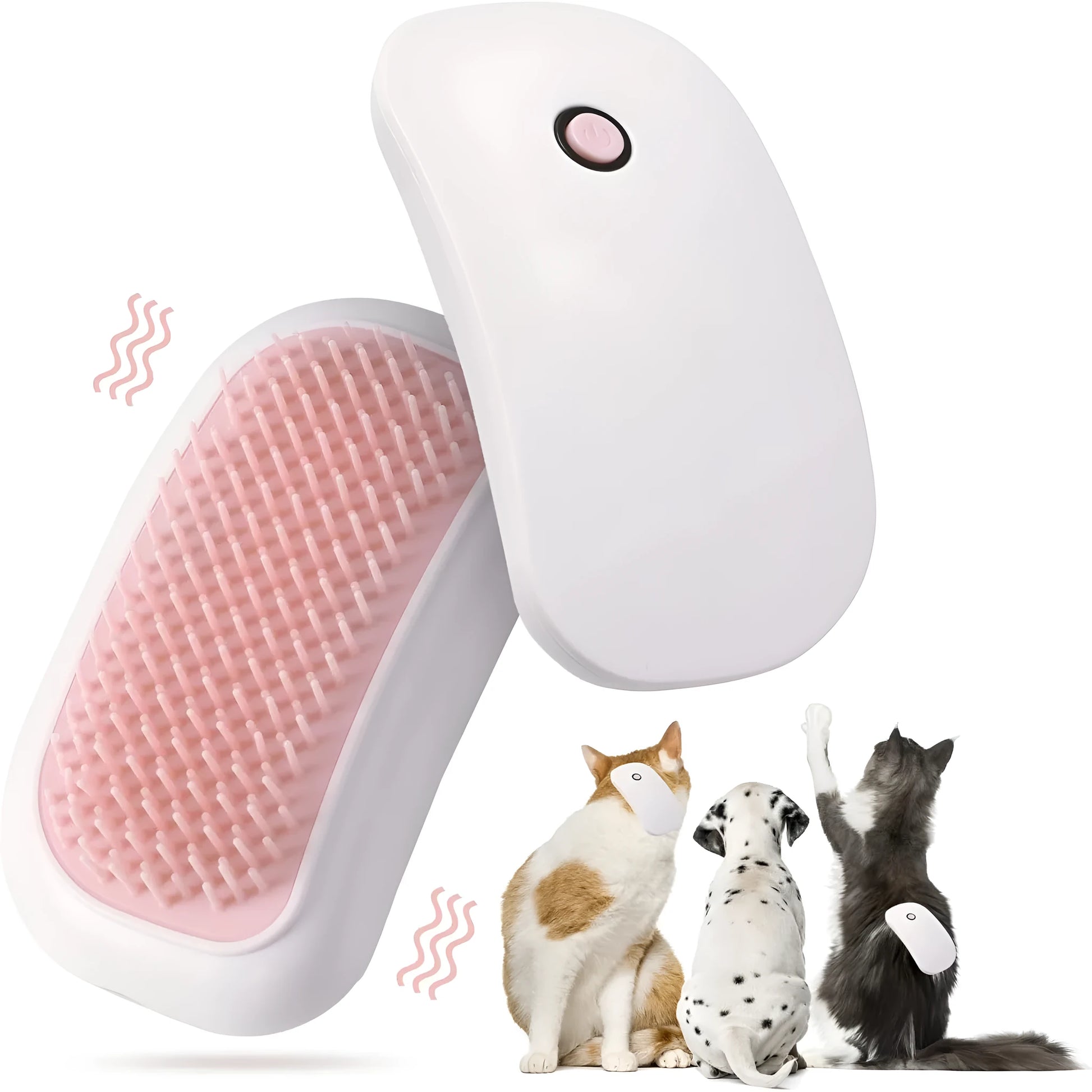 Pink Fuigarry handheld electric pet brush with soft teeth, placed on a carpet next to a cat.