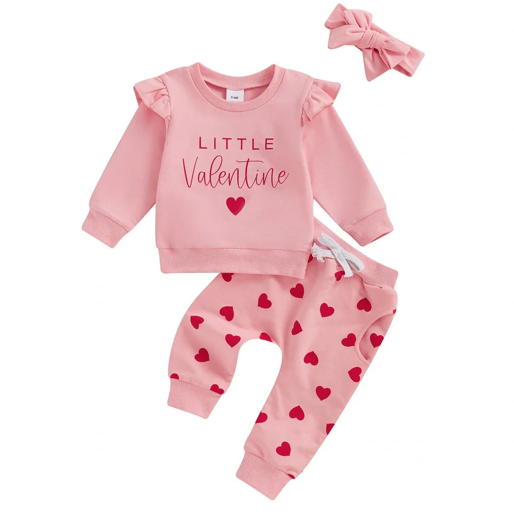 Valentine's Day baby three-piece set with flounced sleeves and matching headdress in cartoon abstract pattern