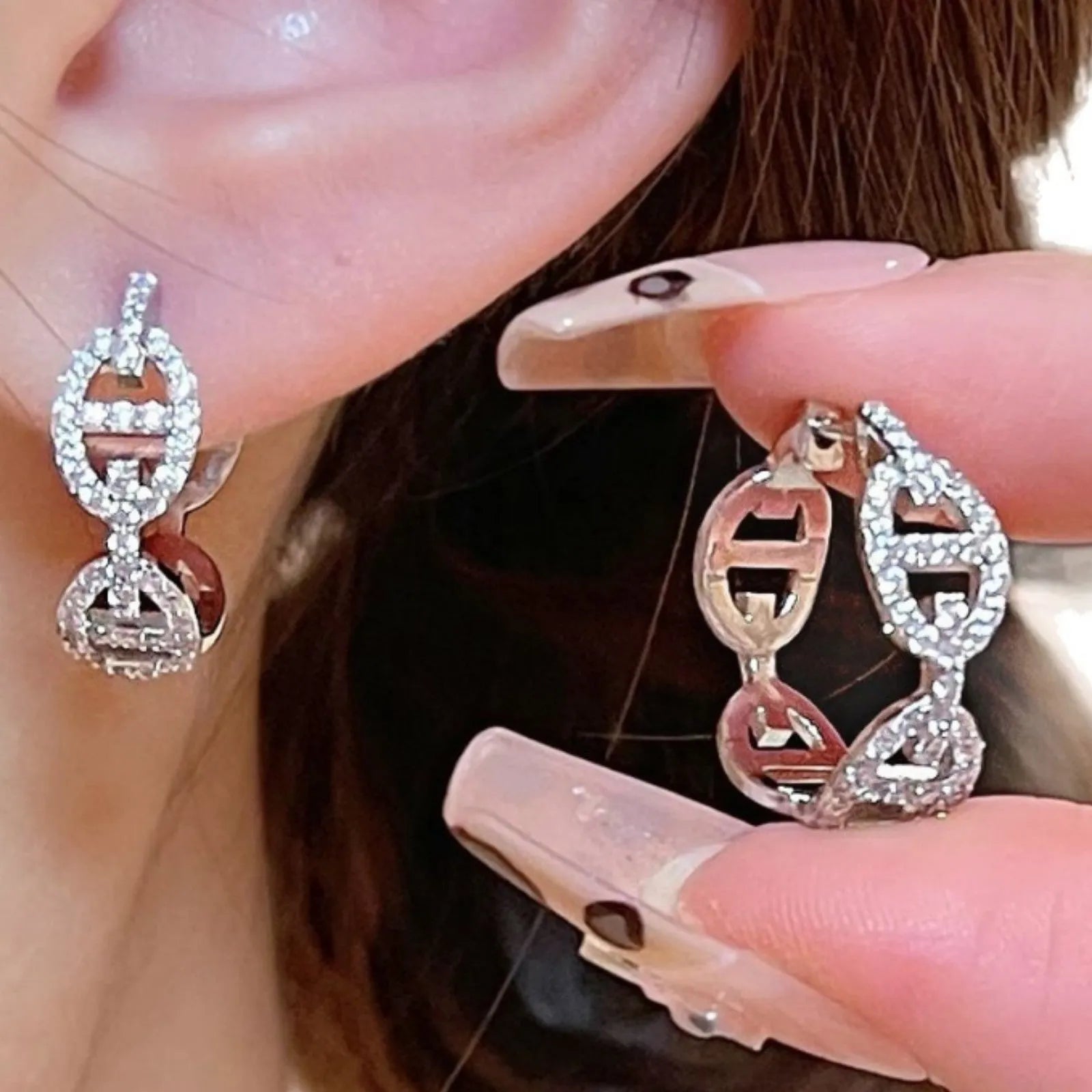 Ladies' diamond detail earrings with thick gold electroplating on copper in silver, gold, or rose gold finishes