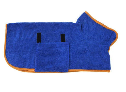 Absorbent dog bathrobe made of soft microfiber material with adjustable waist strap for a custom fit