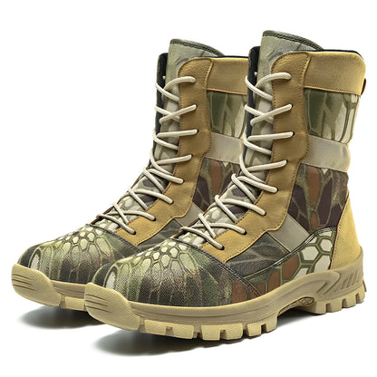 Men's black and camouflage high-top Martin boots with mesh upper and totem details, plus sizes 39-46