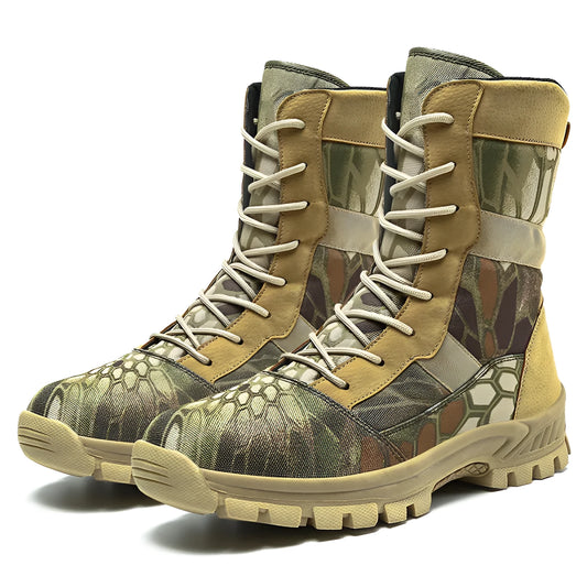 Men's black and camouflage high-top Martin boots with mesh upper and totem details, plus sizes 39-46