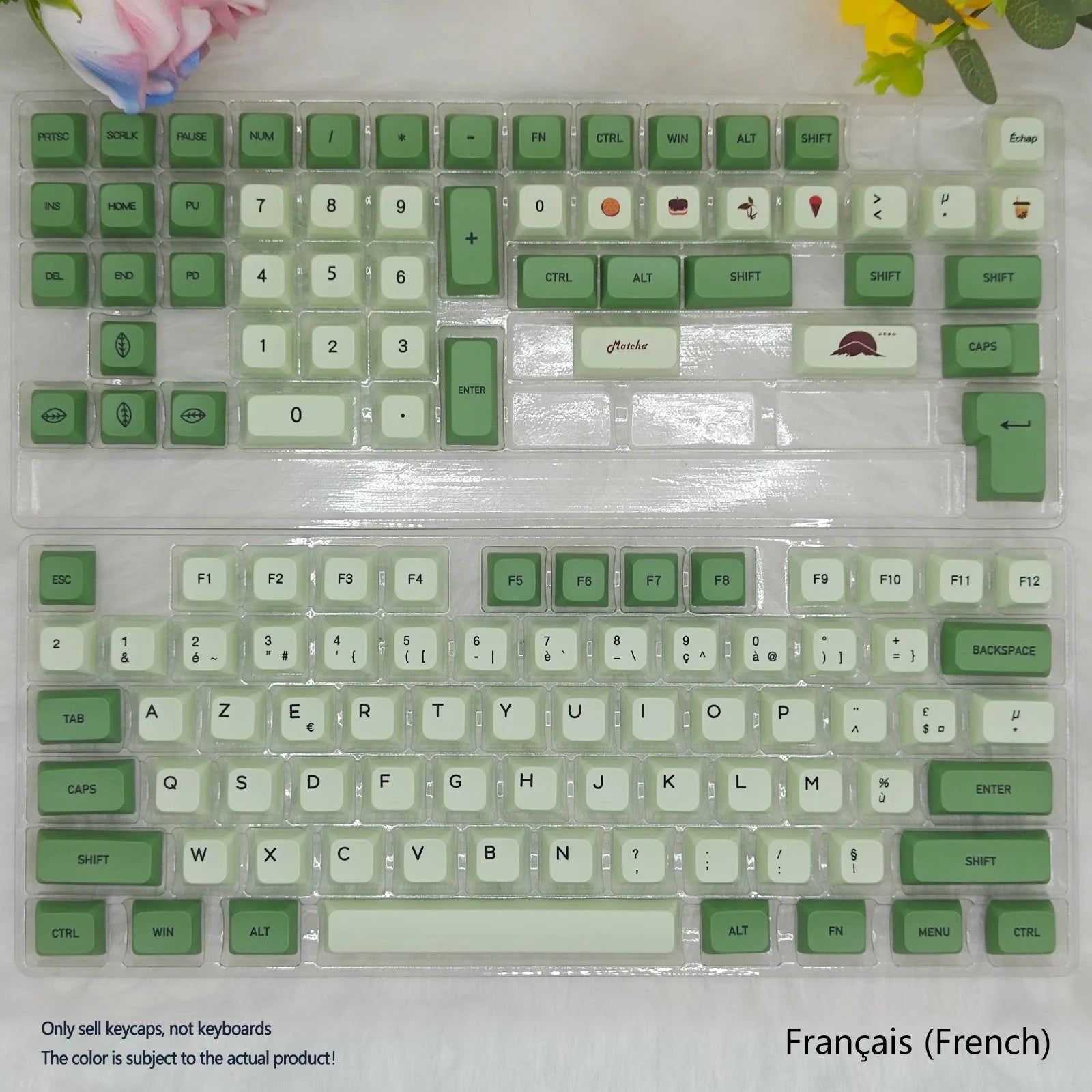 124 PBT keycaps with matcha theme and dye-sublimated legends for mechanical keyboards