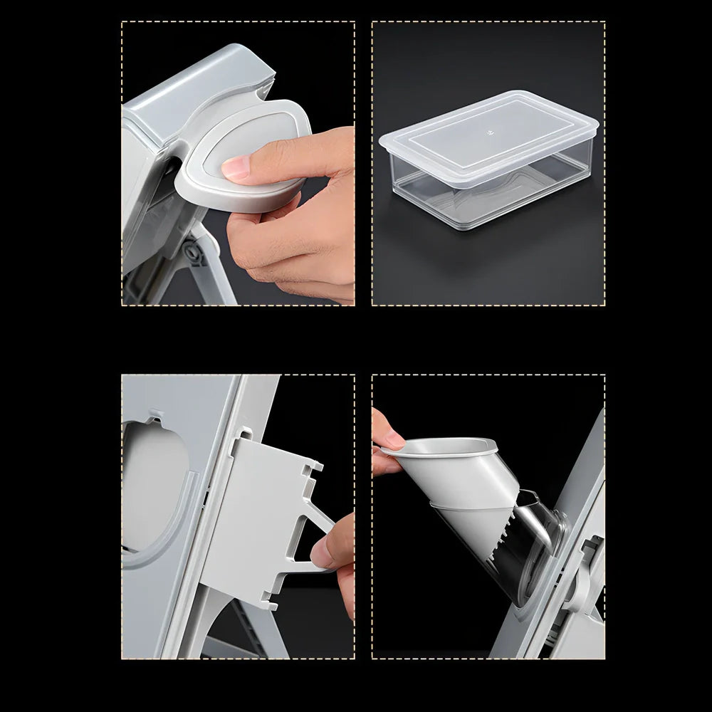 Hand-crank vegetable cutter with three stainless steel blades and fresh-keeping container, grey colour, 28.8cm length