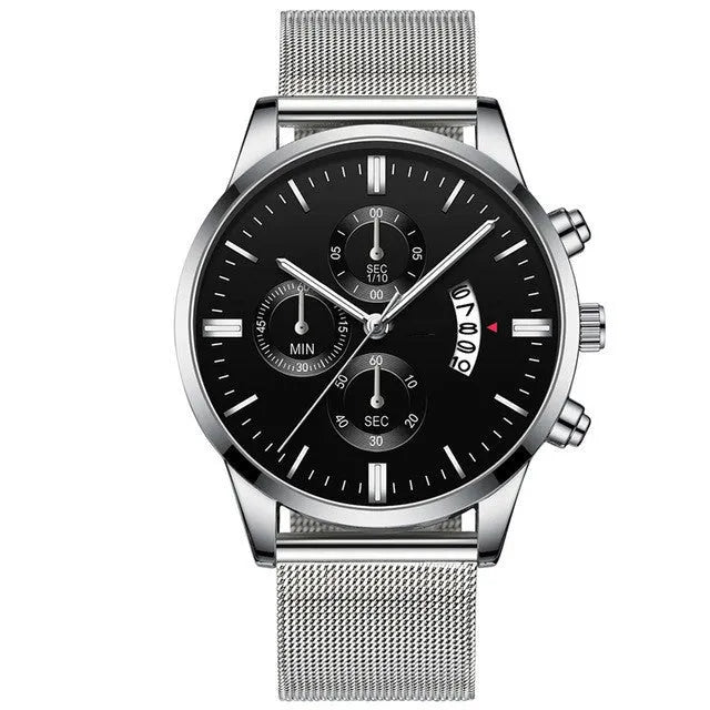 Men's stainless steel mesh band quartz watch showing two-tone colour options on a 4.2cm case.