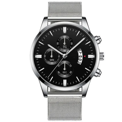 Men's stainless steel mesh band quartz watch showing two-tone colour options on a 4.2cm case.