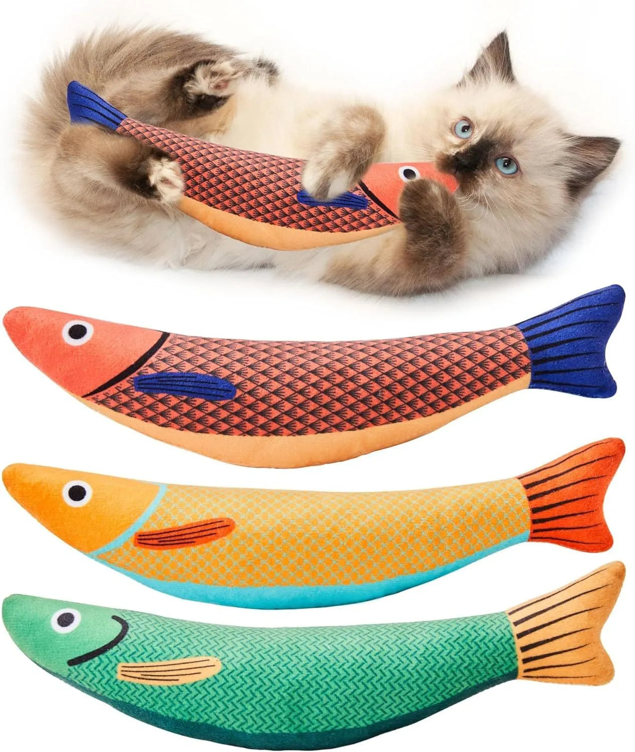 Green saury fish cat toy with crinkle sound and organic catnip, measuring 24x6x4cm