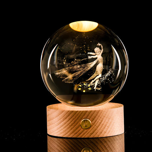 Transparent crystal ball with 3D laser inner carving of galaxy patterns on charging base