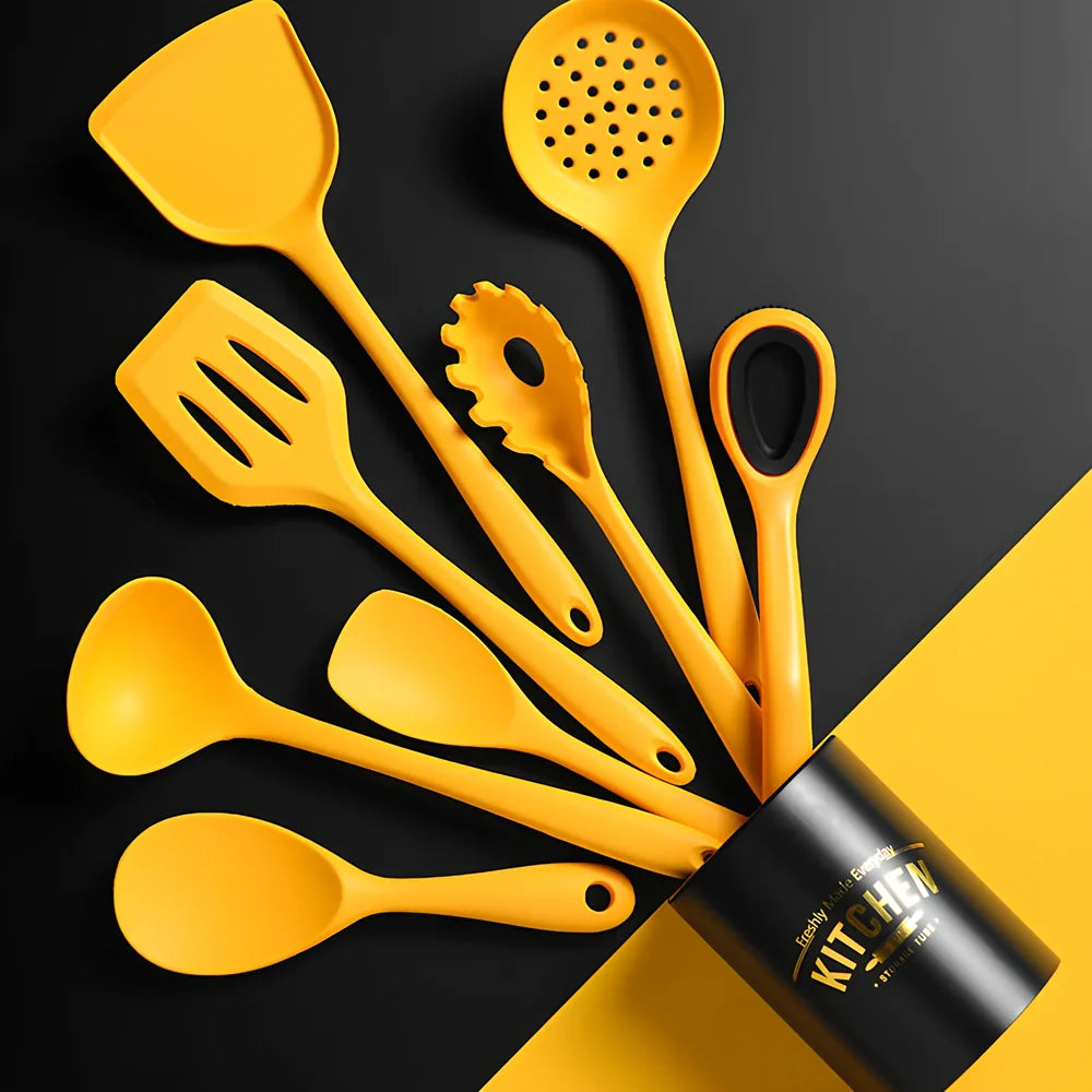 Yellow nonstick silicone nylon cooking spoon spatula, 28cm long with 8cm head for kitchen stirring and flipping