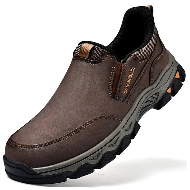 Men's casual leather-style shoes with rubber soles in dark brown, black, or grey colours