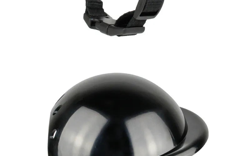 Black pet helmet for dogs and cats with adjustable strap, ABS shell, sizes S and M